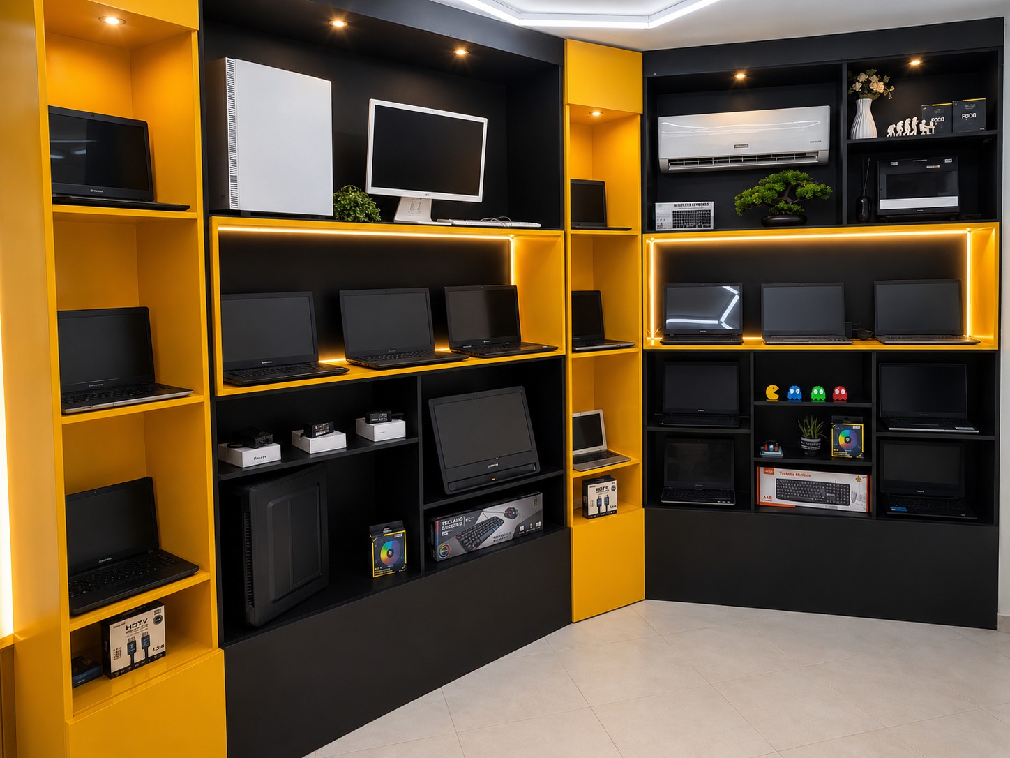 Estantes pretas e amarelas com notebooks e eletrônicos organizados na loja Mestre do Notebook