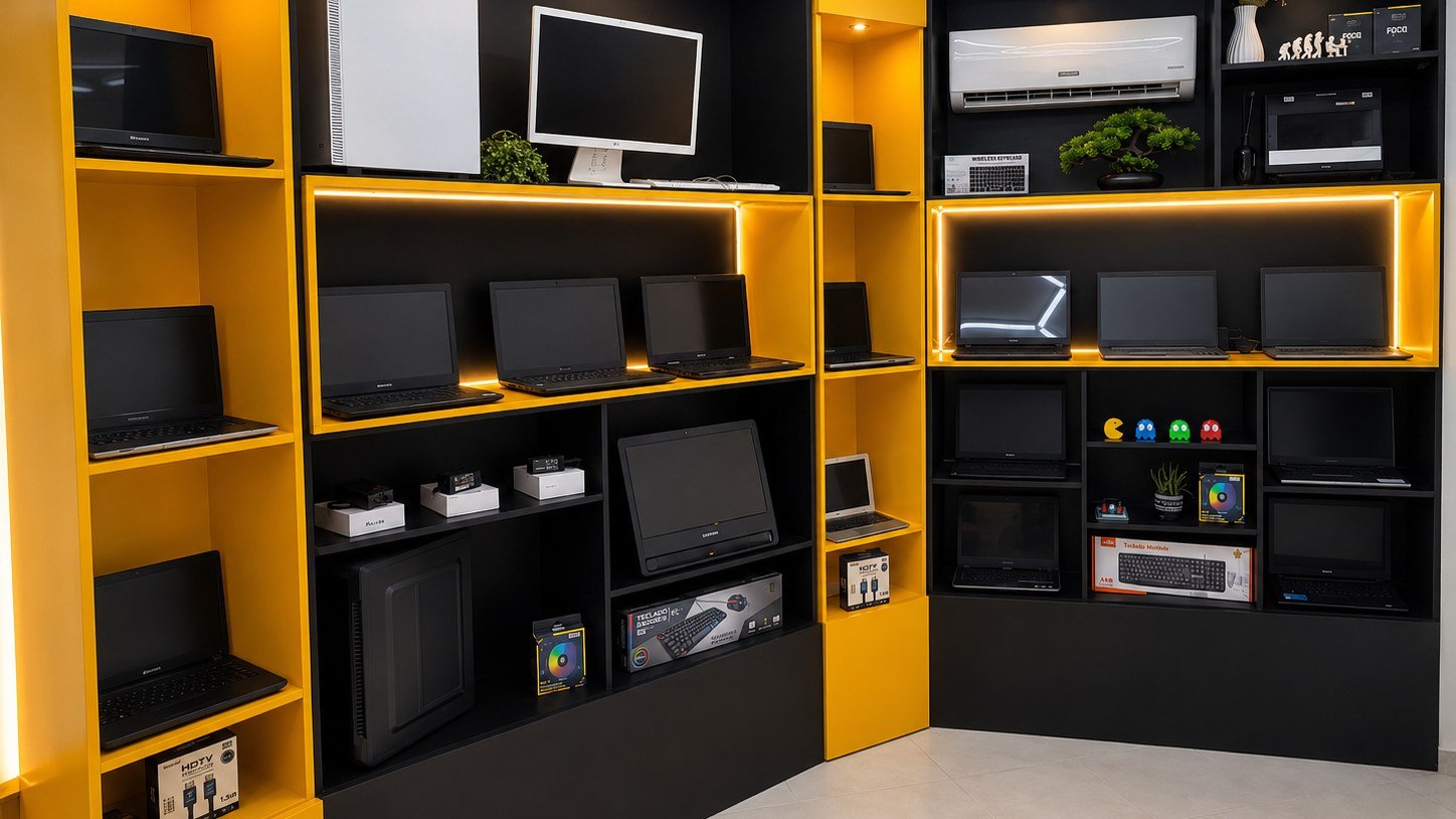 Estantes da Mestre do Notebook com equipamentos organizados