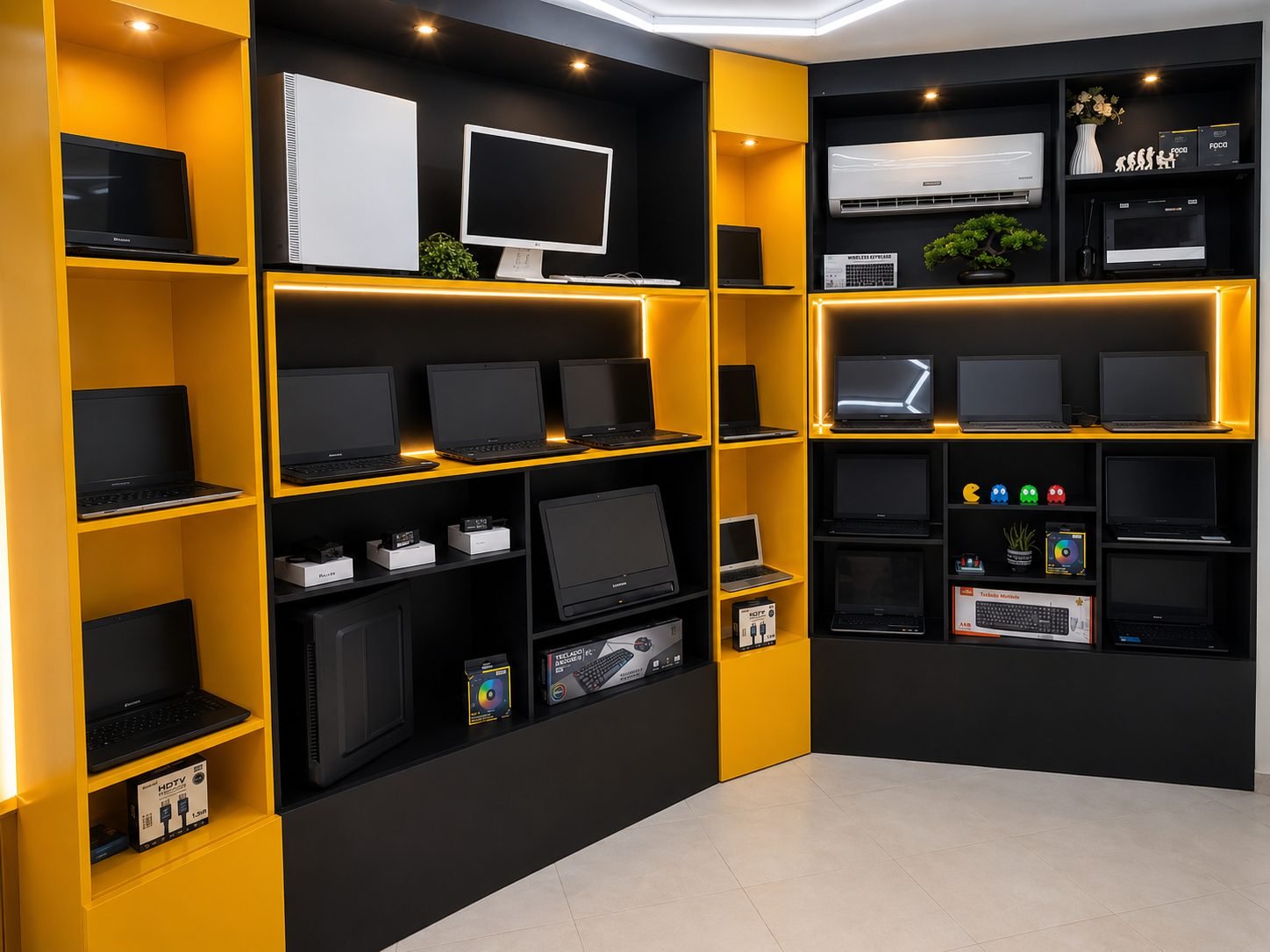 Ambiente moderno com equipamentos de informática e iluminação para página de atendimento de PC Gamer